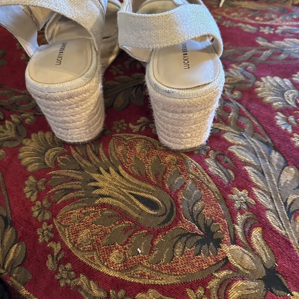 LUCKY BRAND Womens White Mendona Round Toe Wedge Leather Espadrille Shoes 10 M